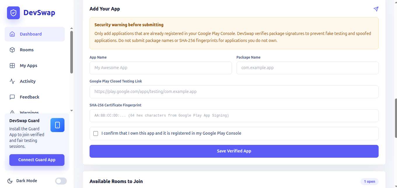 Verified app submission screenshot