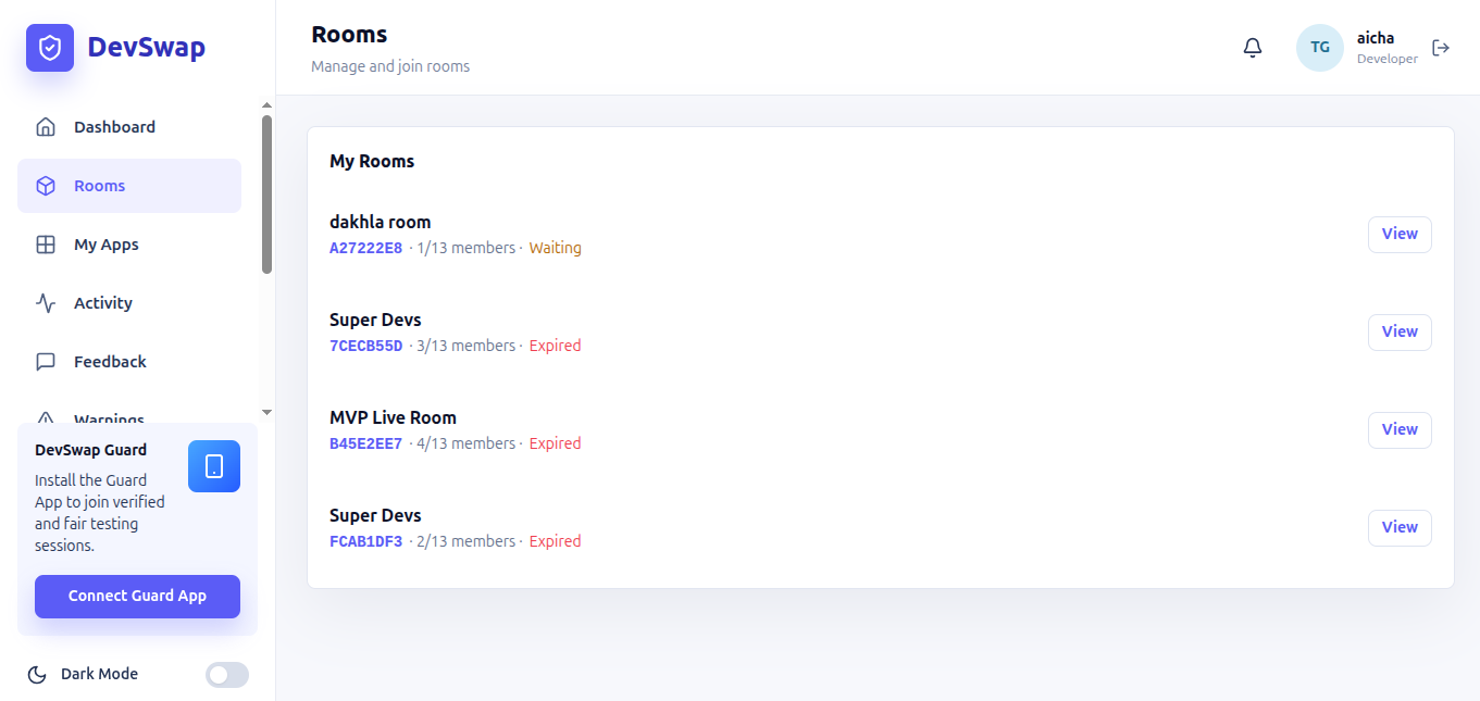Rooms management screenshot